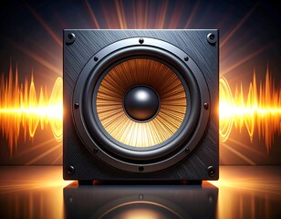 Black square speaker with orange soundwaves emanating outwards