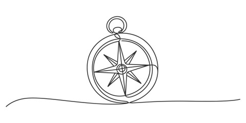 Continuous one line drawing compass with wind rose illustration, simple minimalist navigation symbol, journey, travel, adventure concept artwork. © Digital Illustration