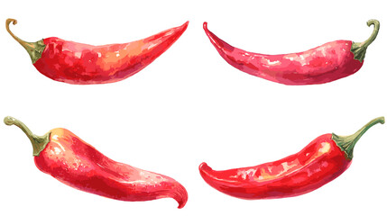 A spicy collection of red chili pepper illustrations in vibrant watercolor style. Bold food artwork ideal for culinary designs, packaging, recipes and hot seasoning themed graphics.