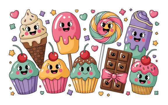Delightful cartoon sweets including ice cream, chocolate, and cupcakes, perfect for children's books or cheerful party invitations
