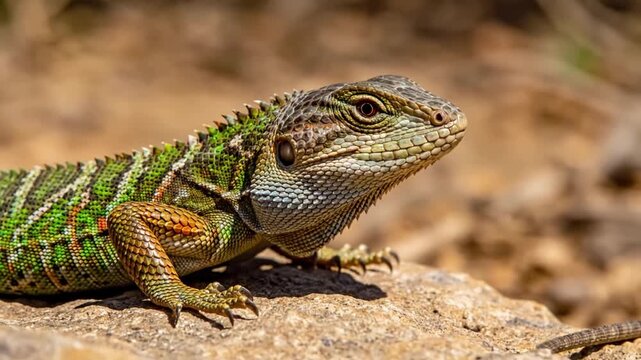 The focused gaze and subtle movements of a lizard as it patiently basks on a warm stone, highlighting its reptilian stillness and alert posture. Behavioral study, basking, stillness, alertness