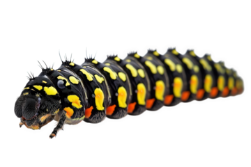 A vibrant caterpillar isolated on transparent background, showcasing its striking black body adorned with yellow and orange markings, creating a visually appealing contrast