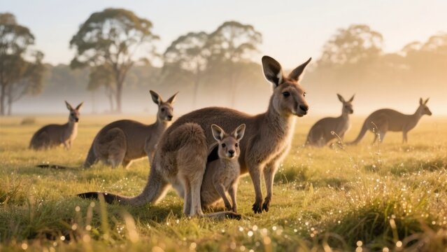 Group of kangaroos in a grassy field during golden hour - Powered by Adobe