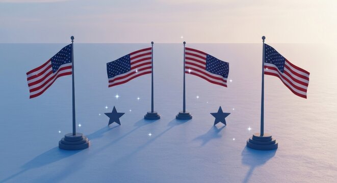 Four USA flags on poles with sparkling grey stars on a light, reflective surface - Powered by Adobe
