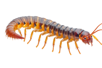 Closeup of a scolopendra isolated on transparent background, showcasing its segmented body, numerous legs, and distinctive coloration, capturing its unique anatomy