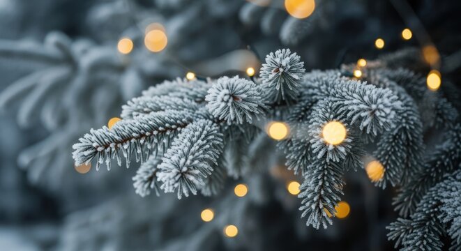 Frosted evergreen branch adorned with warm glowing lights, creating a festive winter scene