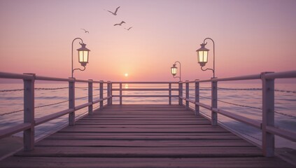 Fototapeta premium Serene Sunset over Calm Ocean with Lanterns on Wooden Pier
