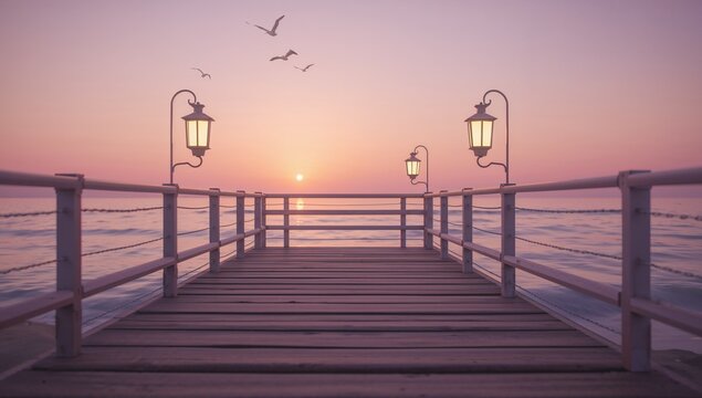 Serene Sunset over Calm Ocean with Lanterns on Wooden Pier
