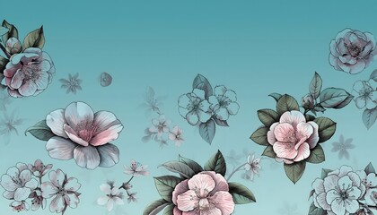 Fototapeta premium Delicate Floral Pattern with Soft Pastel Colors on a Teal Background