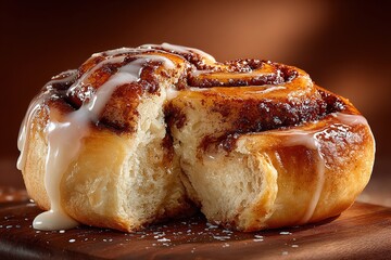Freshly baked cinnamon roll cut in half with caramelized sugar and white icing glaze on warm wooden surface