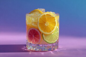 Refreshing citrus drink with orange lemon lime and grapefruit slices in glass with ice cubes on gradient background