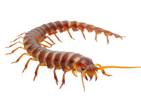 Detailed image of a centipede isolated on transparent background, exhibiting its elongated body, multiple legs, and prominent antennae, showcasing its unique features