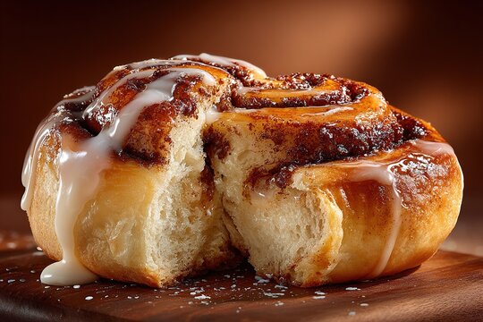 Freshly baked cinnamon roll cut in half with caramelized sugar and white icing glaze on warm wooden surface - Powered by Adobe