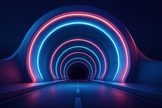 Futuristic tunnel entrance with concentric red and blue neon light rings and a dark road ahead