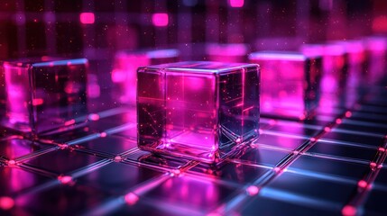 Glowing pink transparent cubes on a neon grid, representing data in a futuristic digital world