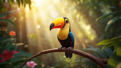 Colorful Cartoon Toucan Perched on Branch in Lush Jungle Setting