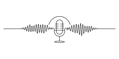 Microphone with emanating sound waves, an audio recording and podcasting concept, symbolizing communication, broadcasting, voice, and digital media.