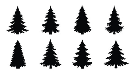 A collection of simple black silhouette evergreen tree shapes isolated on white
