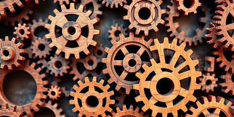 Intricate wooden gears interlocked, forming a complex, abstract background,  background,  machinery