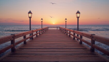 Serene Sunset Pier with Lanterns and Seagulls Over Ocean Waves