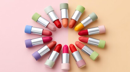 Vibrant Circular Arrangement of Colorful Lipsticks on Pastel Background