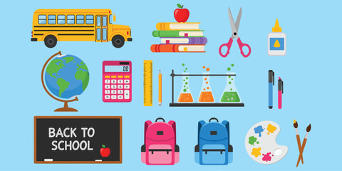 Back to school, school supplies, education icons, classroom tools, science items, art materials, learning essentials