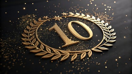 Elegant golden ten year anniversary celebration with sparkling confetti and laurel wreath, perfect for a milestone birthday or company achievement
