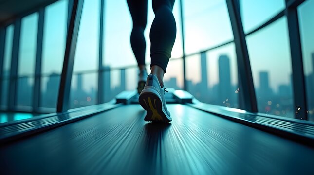 Focused Treadmill Workout Muscular Legs & City Skyline, Indoor Fitness, Health & Wellness, Cardio Training, Urban Exercise, Fitness Goals, Lifestyle - Powered by Adobe