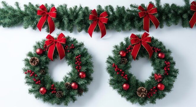Green Christmas garland with red bows above two decorated wreaths on a white wall