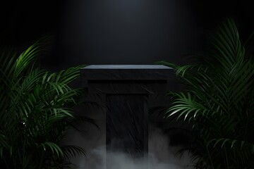 Tropical palm tree at night with holiday lights and moonlit sky