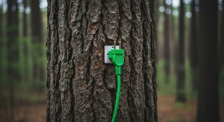 Green power plug in a white outlet on a textured tree trunk in a blurry forest