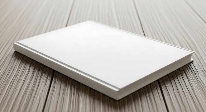 Blank white book with a clean cover lying on a textured wooden surface, ready for custom design or branding