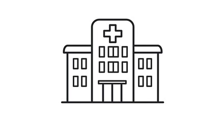 Naklejka premium Black and white line drawing of a hospital building with windows and cross symbol