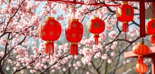 Red lanterns hanging against a vibrant backdrop of blossoming plum blossoms and auspicious symbols,  lanterns,  design