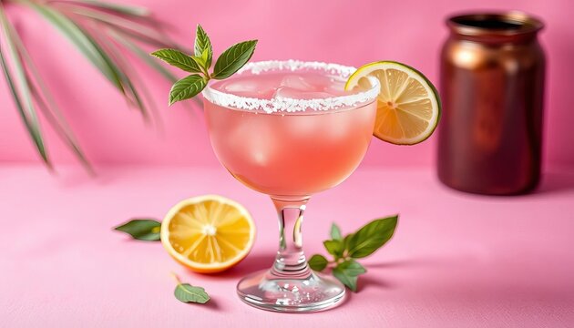 Pink salt rimmed margarita glass on pink background,   close-up,  lime