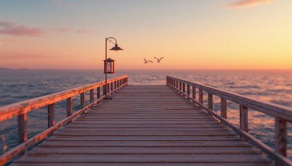 Serene Sunset Over Wooden Pier with Seagulls and Ocean Waves