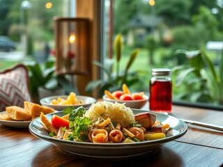 Relaxed midday meal, food enjoyed in quiet comfort,  relaxation,  pause