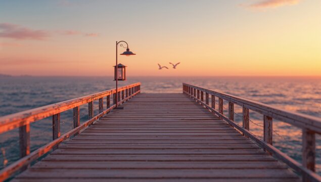 Serene Sunset Over Wooden Pier with Seagulls and Ocean Waves