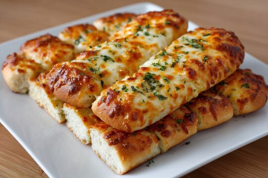 Baked cheesy garlic breadsticks with herbs on a white plate