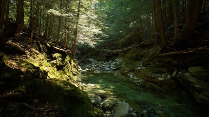 Obraz premium confluence. Two forest streams merging into a single river, blending water currents, mossy rocks, dappled sunlight through trees. ESG reports.