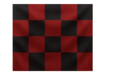 Checkered red and black flag fabric displaying classic pattern with wrinkles and transparent background
