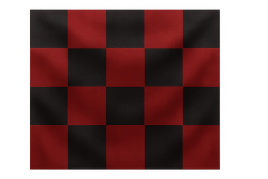 Checkered red and black flag fabric displaying classic pattern with wrinkles and transparent background