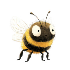 Obraz premium A fuzzy cartoon bumblebee with a gentle smile, its wings slightly transparent isolated on transparent background, showcasing its fluffy body and endearing expression