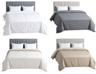 Four beds, each topped with differently colored bedding