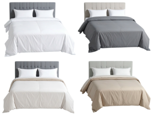 Four beds, each topped with differently colored bedding