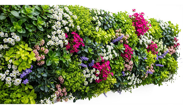 Vertical garden with vibrant flowers and foliage on a transparent background - ideal for design projects