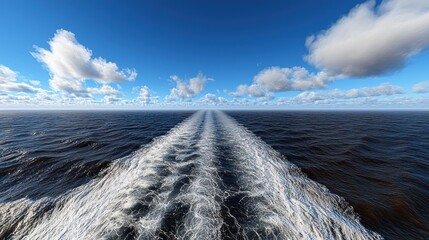 Long white foamy wake trailing behind a boat on a calm dark ocean under blue sky