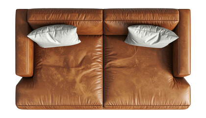 Tan leather couch with two white pillows, overhead view