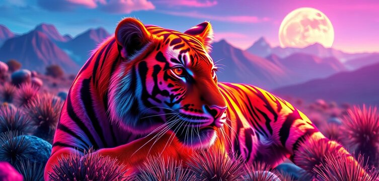 Vibrant neon-colored tiger with glowing stripes, surreal landscape, dark, majestic