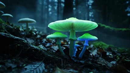 Dynamic camera movement drifting slowly through a misty, moonlit forest, revealing pockets of vibrant glowing mushrooms casting soft light on moss and fallen leaves. - Powered by Adobe